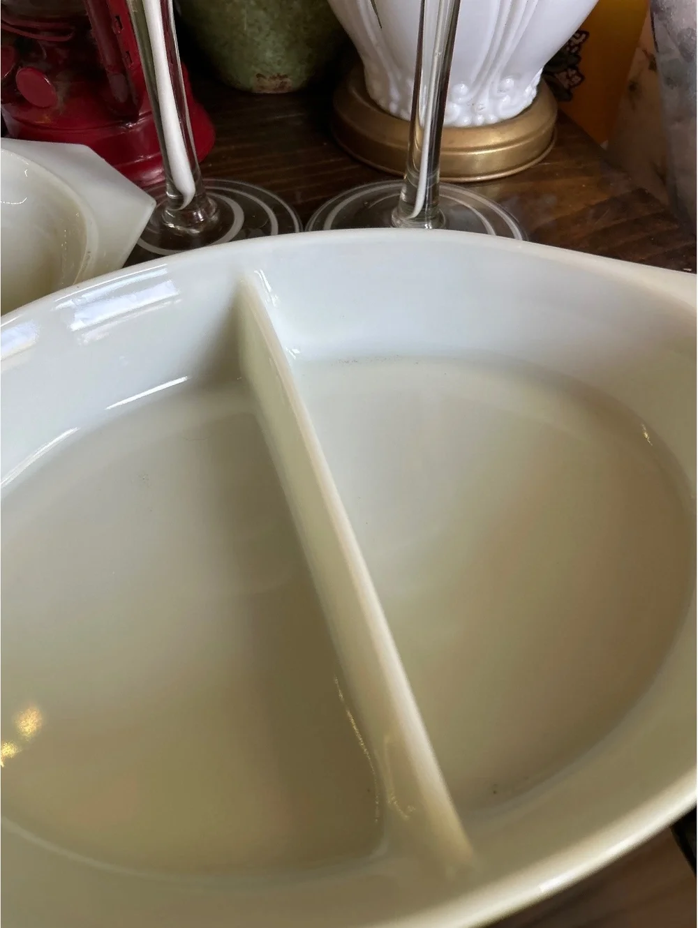 Vintage Pyrex Divided Casserole Dish with Lid, Olive Green Floral Pattern